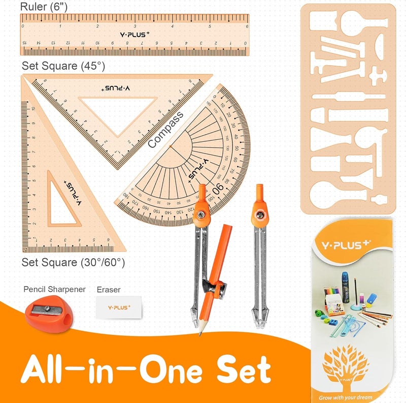 Y plus+ Geometry Set for Students, Math Protractor Compass, Box of Protactors Kit for Class Supplies and School Kids Toddler - 11 Pcs - Image 4
